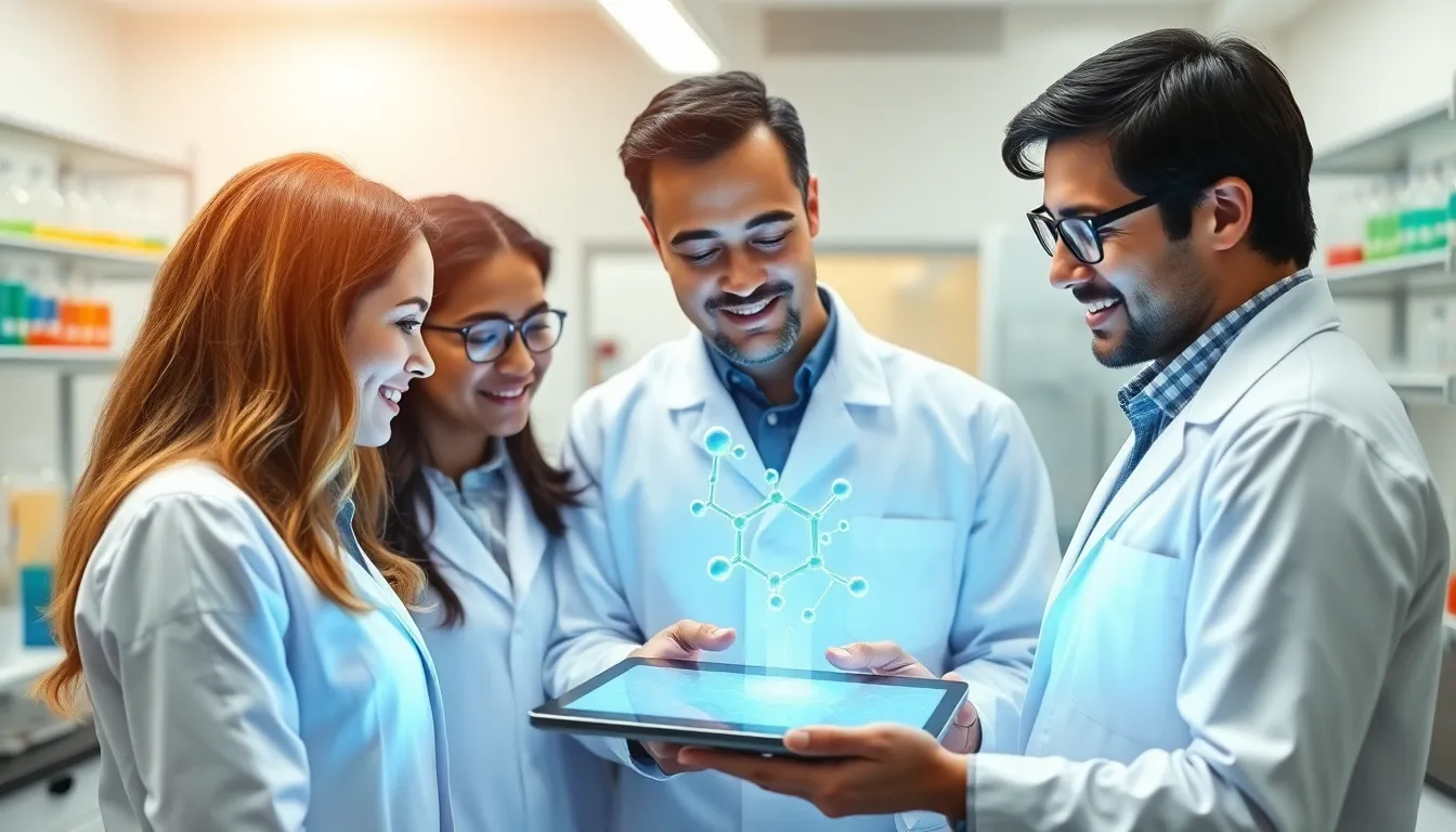 professionals using augmented reality for pharmaceutical research in a lab.