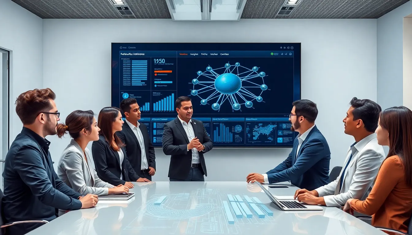 IT professionals discussing network virtualization in a modern office.