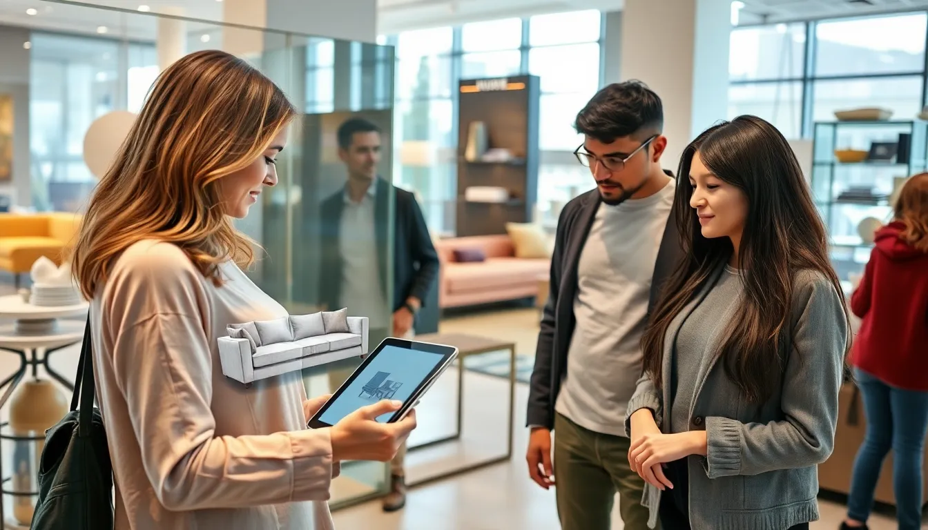 customers using augmented reality for shopping in a modern retail setting.