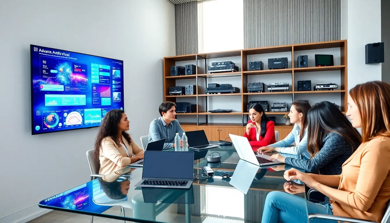 diverse team collaborating with audio visual technology in a sleek conference room.