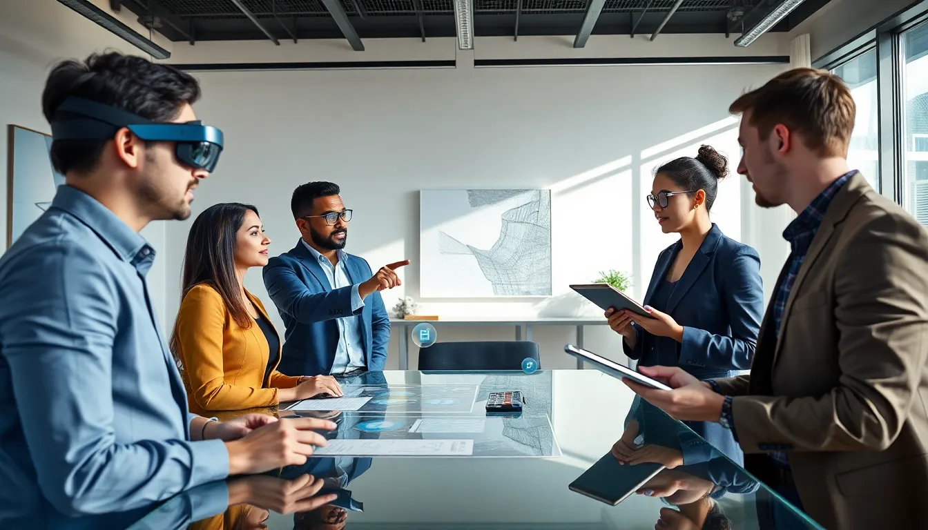 professionals collaborating on augmented reality development in a modern office.