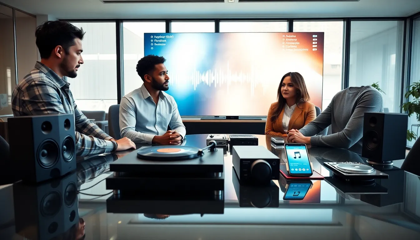 diverse professionals collaborating on audio technology in a modern office.