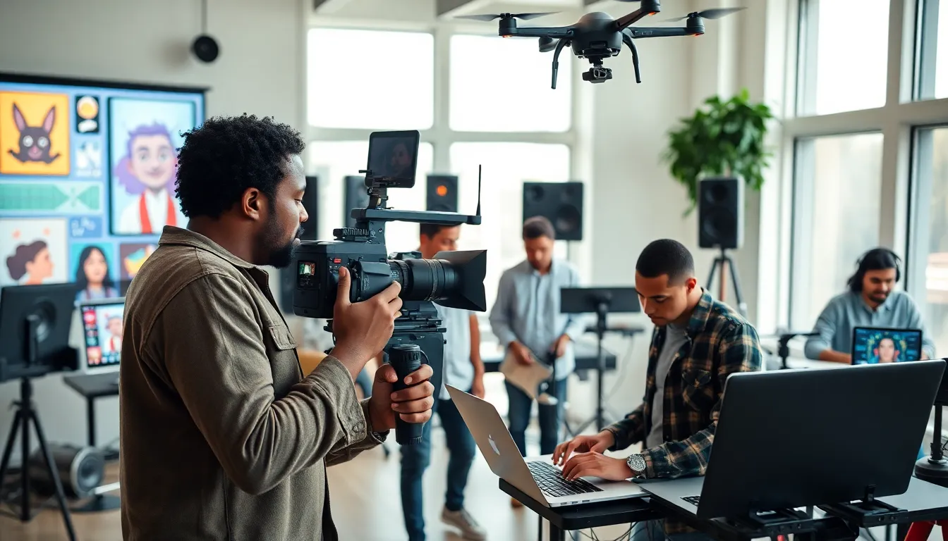 diverse artists using audio and video technology in a modern studio.