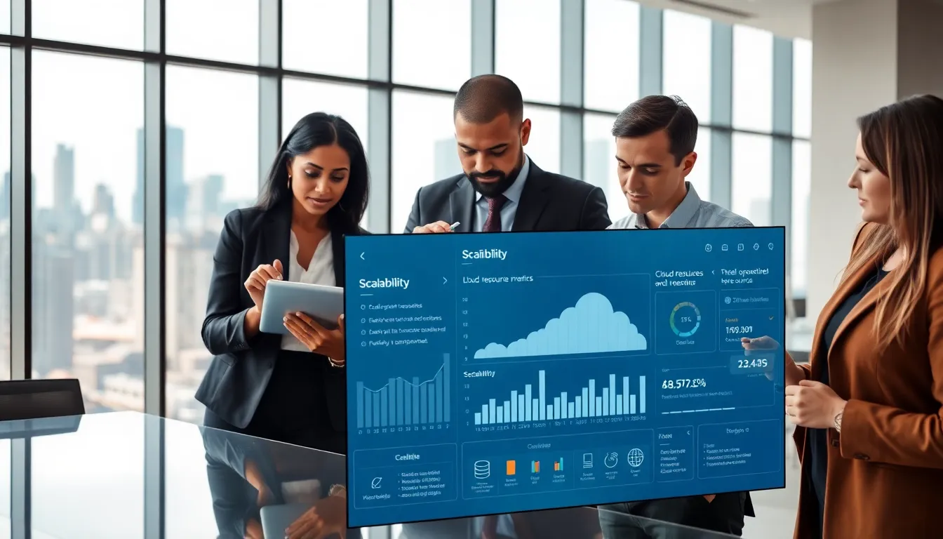 diverse IT team collaborating on cloud scalability in a modern office.