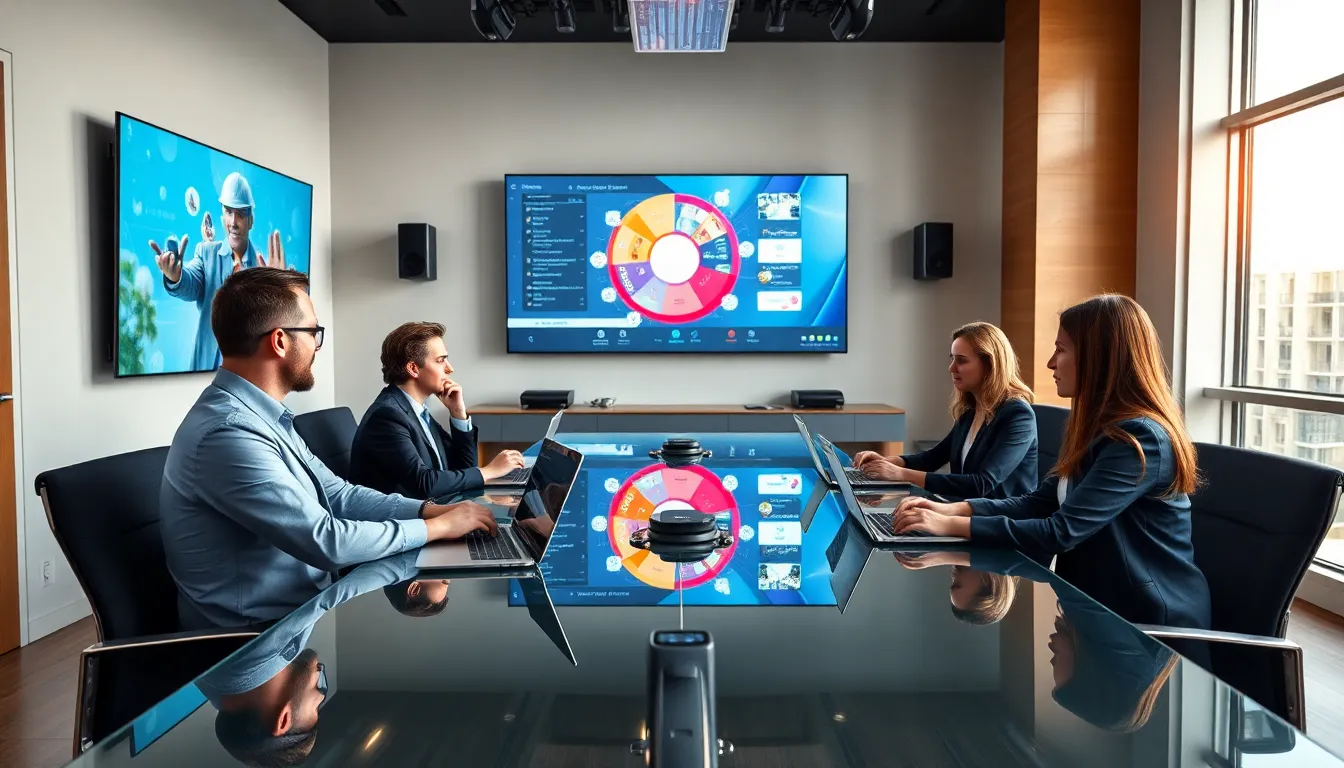 professionals collaborating in a high-tech conference room.