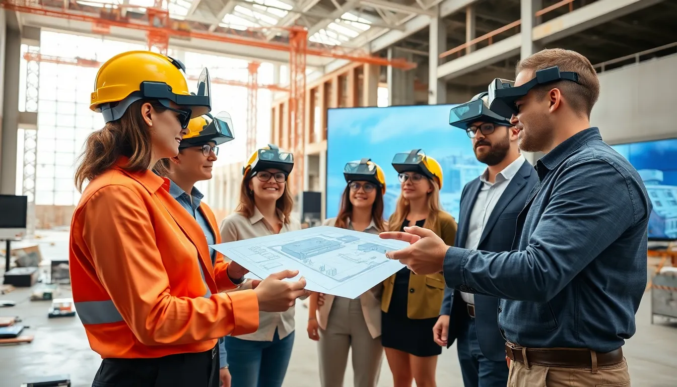 professionals using augmented reality at a construction site.