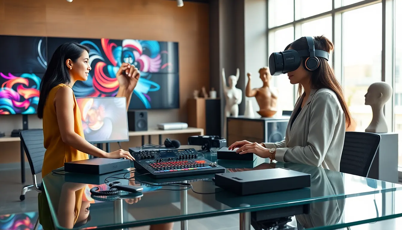 diverse team collaborating in a modern arts audio video studio.