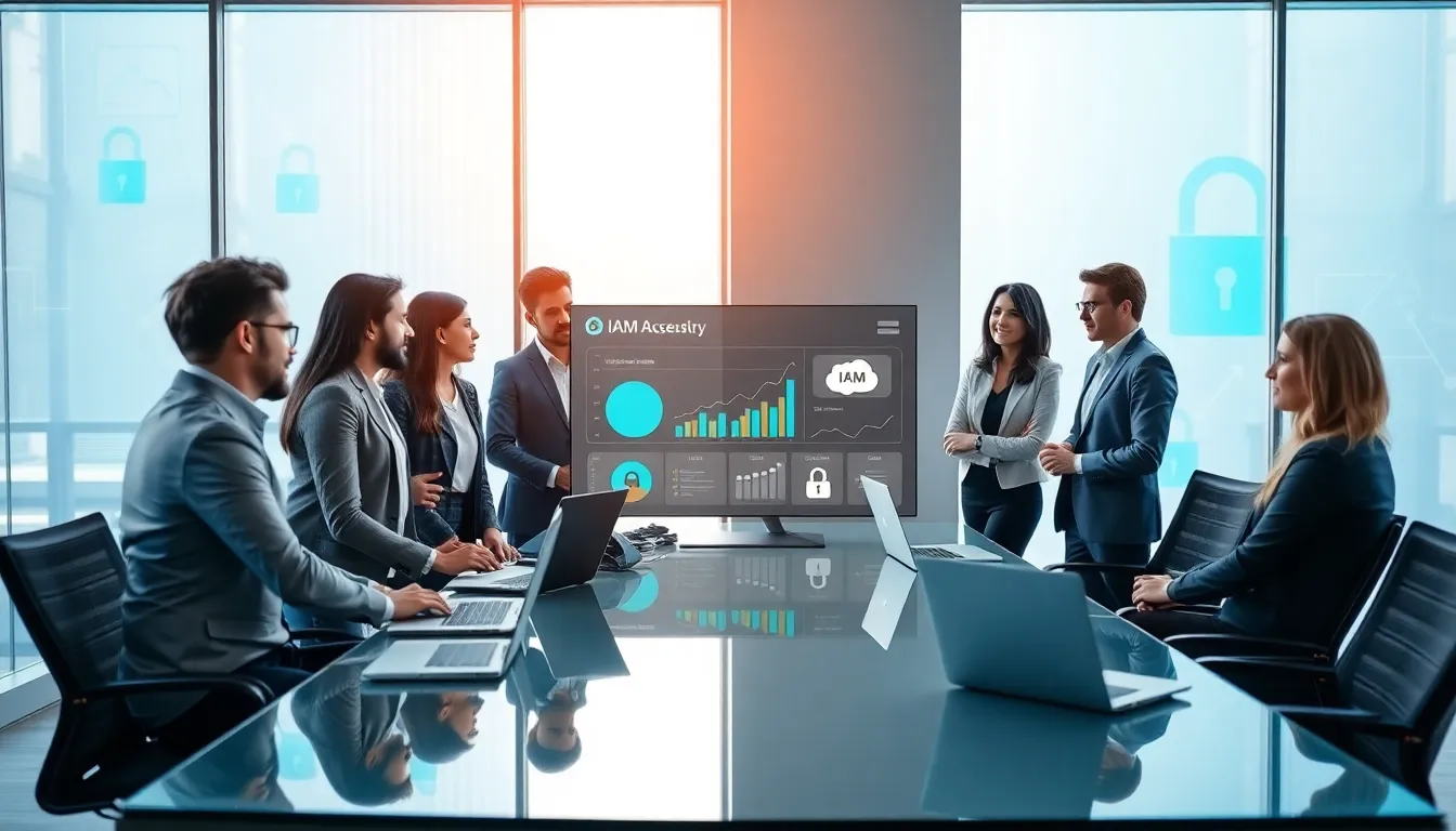 diverse team discussing identity and access management in a modern office.