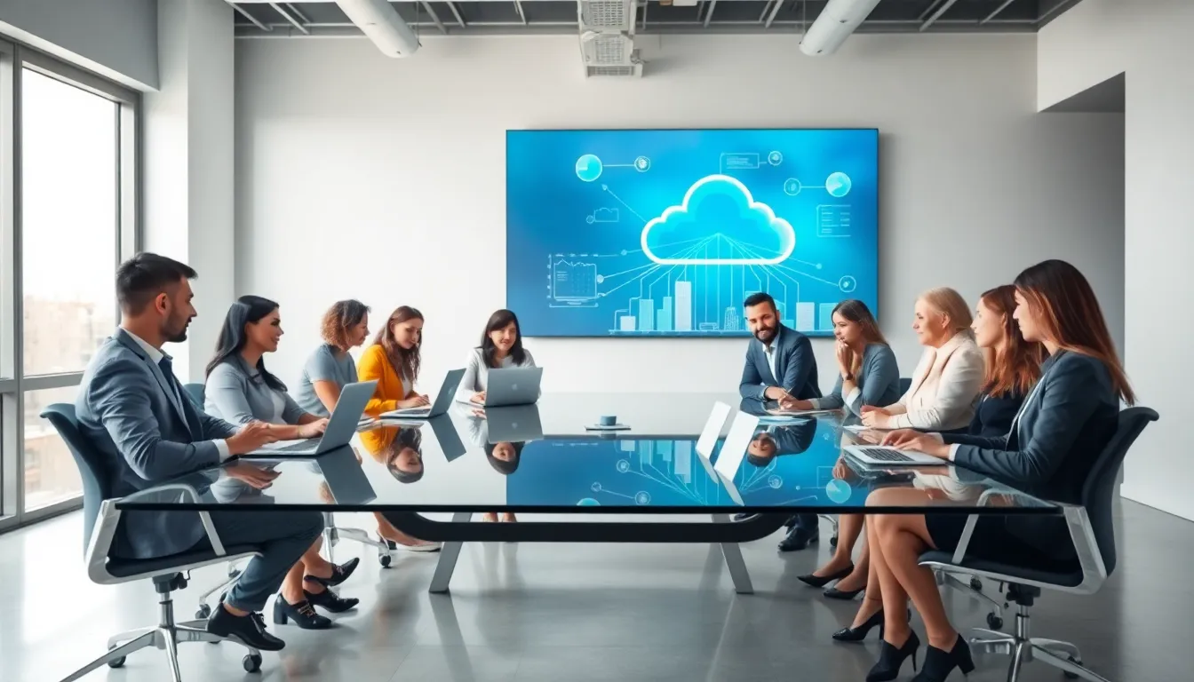 diverse professionals discussing cloud computing in a modern office setting.